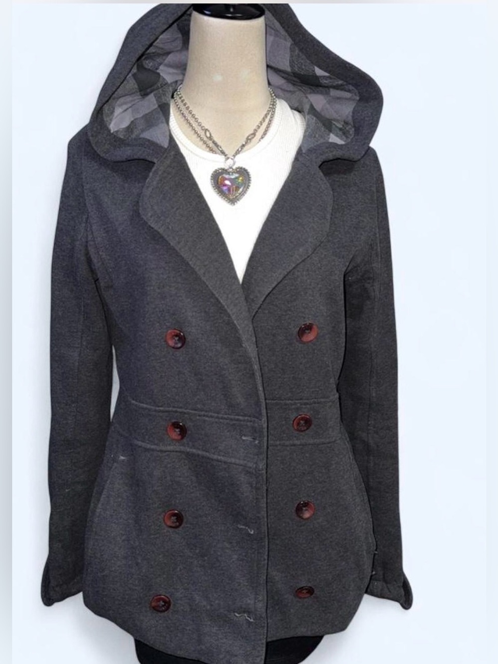 Roxy Charcoal Gray Double-Breasted Hooded Pea Coat